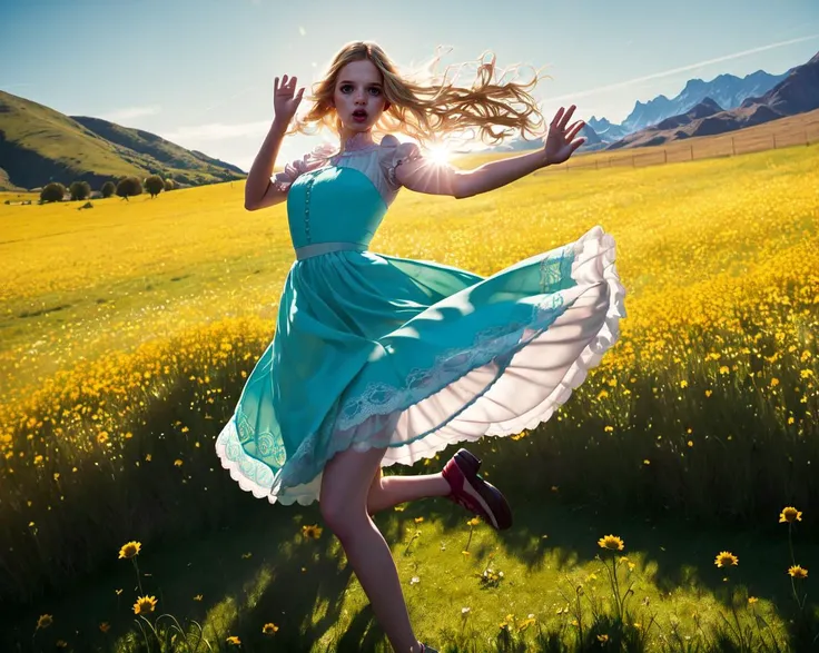 Cocolovelock, woman,
"Whispers of the Wind": The camera hovers just above the ground, capturing her as she twirls in a sunlit meadow. The shot follows her movement, tracing the delicate sway of her gown and the gentle breeze that rustles through the grass, creating a serene and enchanting scene.