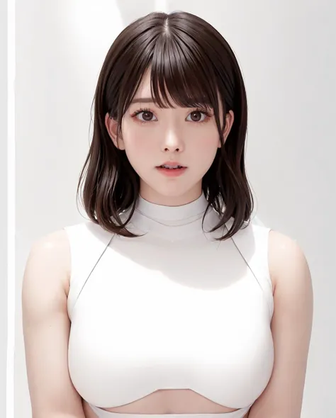 best quality, photorealistic, 8k, high res, 1girl, woman, (skindentation), (portrait:0.6), gorgeous, ((whitebackground:3)), ((sleeveless white tshirt, smallsize round breast:1.9)), straight-looking at viewer:1.8, (1girl eyes looking at viewer, short-length hair, brownhair, partedbangs:1.65), photorealistic, (bokeh), (closed mouth:1.96), gorgeous, pureerosface_v1, <lora:AVID-mirai:0.55>