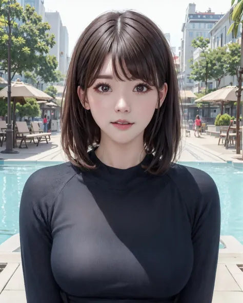 pureerosface_v1:0.3, best quality, photorealistic, 8k, high res, full color, 1girl, woman, 20 years old woman, (skindentation), (portrait:0.6), trees, park bench, daylight, ((park background:1.52)), full color, ((necksweater:1.68)), looking at viewer:1.8, (1girl eyes looking at viewer:1.55), (short-length hair, brownhair, partedbangs:1.45), (bokeh), <lora:AAV-mirai:0.7>