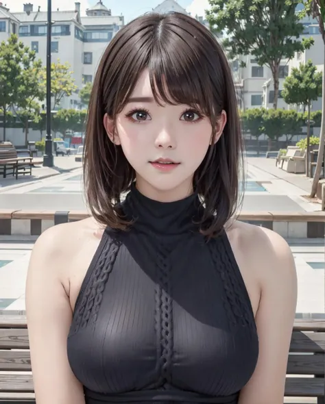 pureerosface_v1:0.3, best quality, photorealistic, 8k, high res, full color, 1girl, woman, 20 years old woman, (skindentation), (portrait:0.6), trees, park bench, daylight, ((park background:1.52)), full color, ((necksweater:1.68)), looking at viewer:1.8, (1girl eyes looking at viewer:1.55), (short-length hair, brownhair, partedbangs:1.45), (bokeh), <lora:AAV-mirai:0.7>
