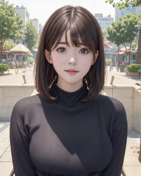 pureerosface_v1:0.3, best quality, photorealistic, 8k, high res, full color, 1girl, woman, 20 years old woman, (skindentation), (portrait:0.6), trees, park bench, daylight, ((park background:1.52)), full color, ((necksweater:1.68)), looking at viewer:1.8, (1girl eyes looking at viewer:1.55), (short-length hair, brownhair, partedbangs:1.45), (bokeh), <lora:AAV-mirai:0.7>