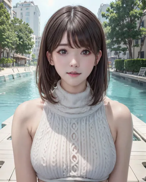 pureerosface_v1, top-quality, Photorealsitic, 8K, hight resolution, 2 girls in, femele, (Skindentation), (portlate:0.6), a gorgeous, dynamicposes, ((poolsidebackground:1.6)), coconut tree, ((Medium Size Round Breast, White High Neck Sweater:1.4)), See who looks straight:1.8, (1 Girl's eyes looking at the viewer, medium lenght hair, brown haired, partedbangs:1.65), (Bokeh), a smile:1.2, (Keep your mouth shut:1.16),