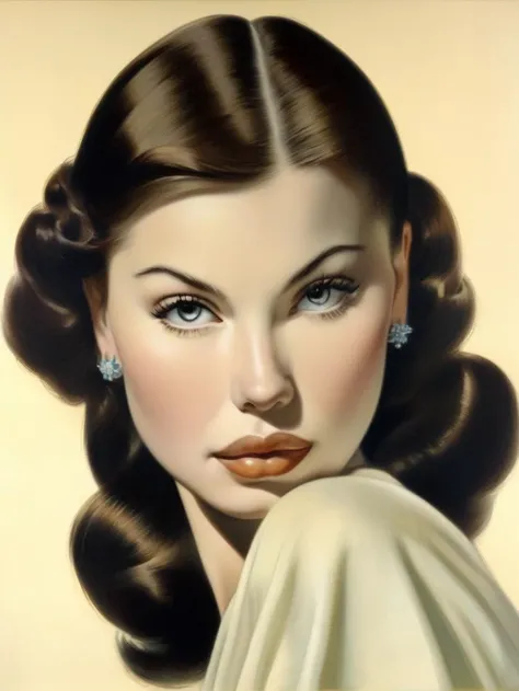 A delicate, oil painting portrays, a very young nude beautiful Elizabeth Taylor look, medium firm breasts, standing bare feet without background, large pussy, her features rendered in subtle shading and precise lines. The framing is tight, focusing attention on the subject's serene face. Soft, feathery strokes convey the gentle texture of her hair,