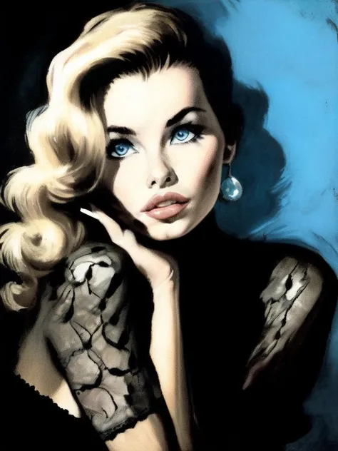 Connor Brothers illustration of beautiful sexy model Kate Li woman, wearing black lace stockings, big blue eyes, black lingerie, big breasts, dark blonde hair <lora:ConnorBro-000006:0.8>, blue background <lora:KateLi15:0.6>, cigarette