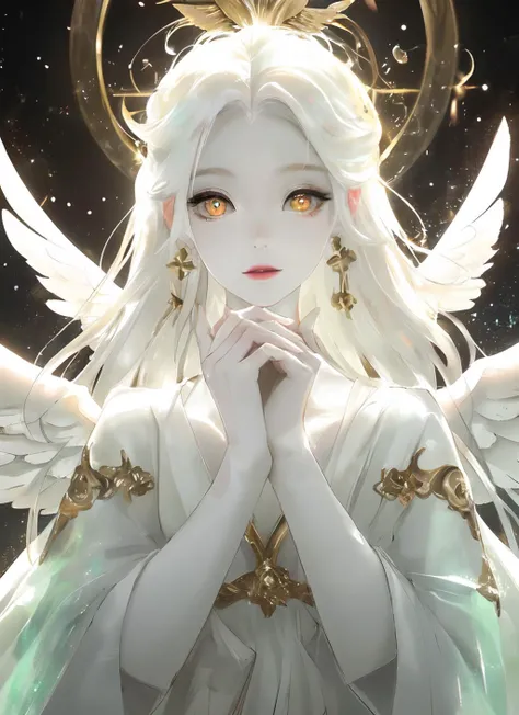 An angel is depicted with a pale and luminous complexion, their skin seemingly glowing with an otherworldly radiance. They are adorned with a pair of sparkling and graceful wings, symbolizing their divine nature. The scene is ethereal and enchanting, capturing the beauty and mystery of these celestial beings. angel, pale, luminous, complexion, glowing, otherworldly, radiance, sparkling, graceful, wings, divine, ethereal, enchanting, beauty, mystery.upper body,