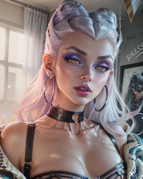<lora:EvelynnAO:1>, (portrait, closeup, headshot), EvelynnAO, 1girl, 3d render, makeup, hair buns, yellow eyes, black lingerie, bedroom, white hair, choker, long hair, purple opalescent jacket, masterpiece, garter belts, white sclera, hoop earrings, snake eyes