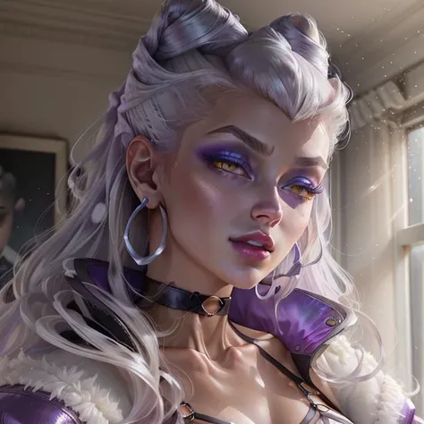 <lora:EvelynnAO:1>, (portrait, closeup, headshot), EvelynnAO, 1girl, 3d render, makeup, hair buns, yellow eyes, black lingerie, bedroom, white hair, choker, long hair, purple opalescent jacket, masterpiece, garter belts, white sclera, pearl earrings