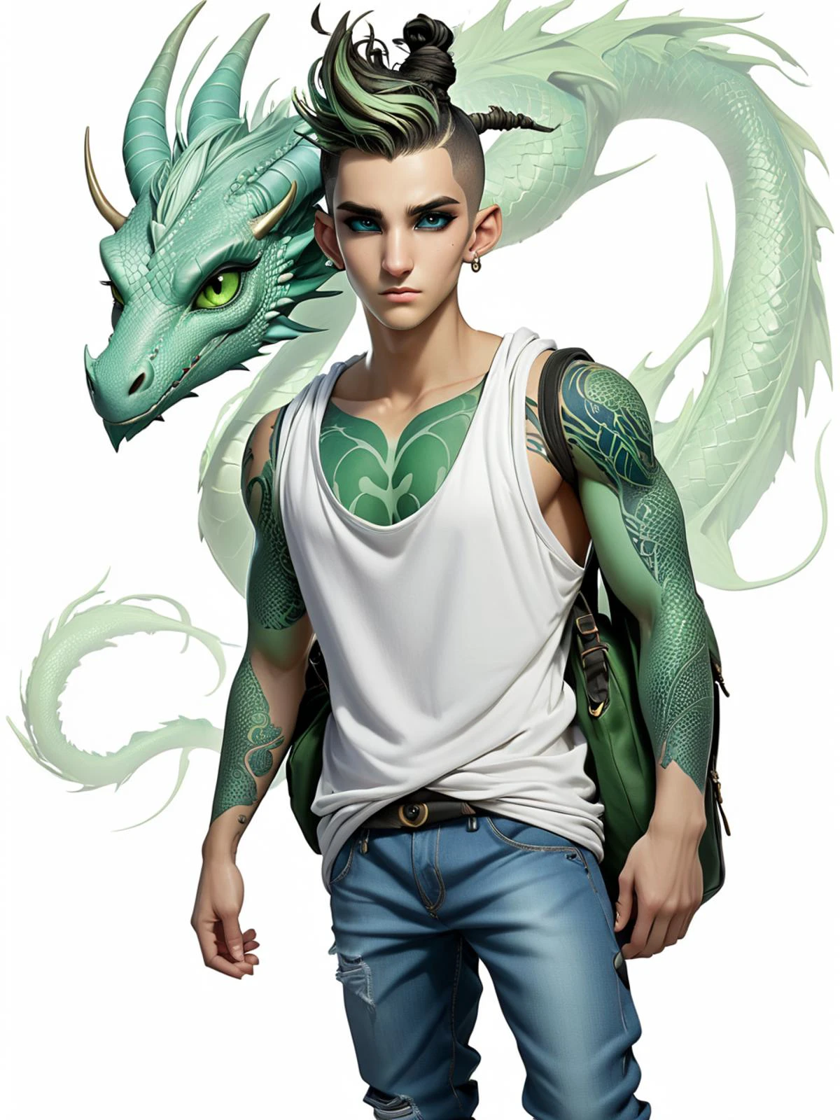 <lora:artfullyILLUSKETCH_SDXL_V1:1>, artllsktch, dragon boy, hood down, blue theme, outline, green skin, 2others, black sclera, bag, mature male, frown, ass, hair bun, pants, highest resolution, best quality, intricately detailed, masterpiece, masterpiece, intricately detailed, best quality, absurd resolution, a handsome young man, 18yo, full body, white tank, jeans, colorful background