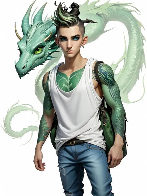 <lora:artfullyILLUSKETCH_SDXL_V1:1>, artllsktch, dragon boy, hood down, blue theme, outline, green skin, 2others, black sclera, bag, mature male, frown, ass, hair bun, pants, highest resolution, best quality, intricately detailed, masterpiece, masterpiece, intricately detailed, best quality, absurd resolution, a handsome young man, 18yo, full body, white tank, jeans, colorful background