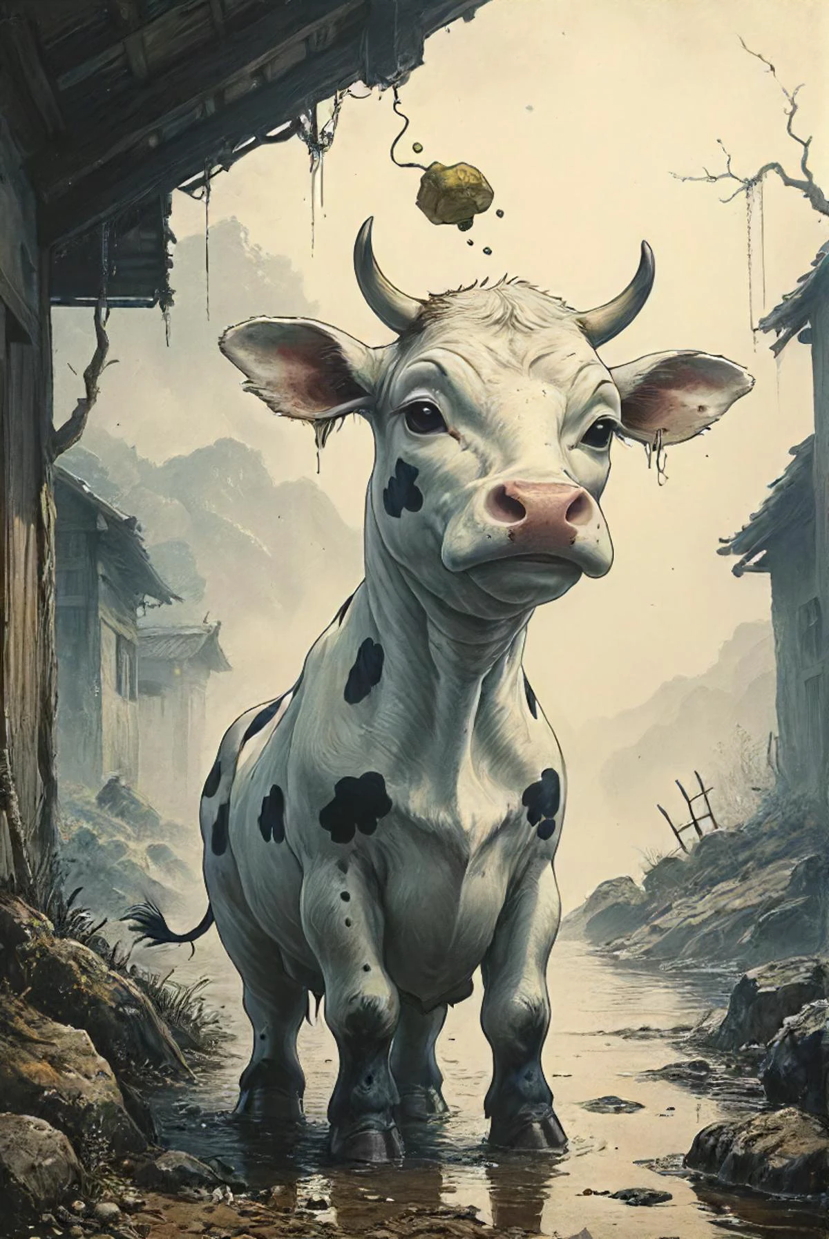 kodama cow of confusion, ? , :( , <lora:Street_Art:0.4>, <lora:Desolation:0.2>, <lora:Illustration_Insanity:0.3>, <lora:XSfenlie:0.3>, <lora:- SDXL - AI-Breaker_V3.5:.7>, <lor6:- SDXL - vanta-black_contrast_V3.0:0.5>, <lora:Wizards_MACHINALIA__Things_Come_Alive_:0.2> <lora:artfullyILLUSKETCH_SDXL_V1:0.4>