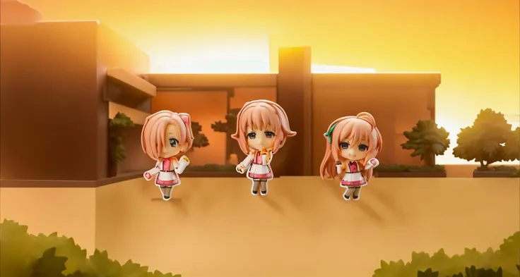(((nendroid))), (cute chibi girl at sunset), (chibi doll), (Anime Figure), toy full body, (masterpiece:1.2), (good anatomy:1.2), high quality, best quality, (Stylish), (sunset)