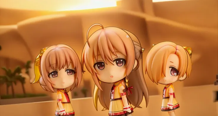 (((nendroid))), (cute chibi girl at sunset), (chibi doll), (Anime Figure), toy full body, (masterpiece:1.2), (good anatomy:1.2), high quality, best quality, (Stylish), (sunset)