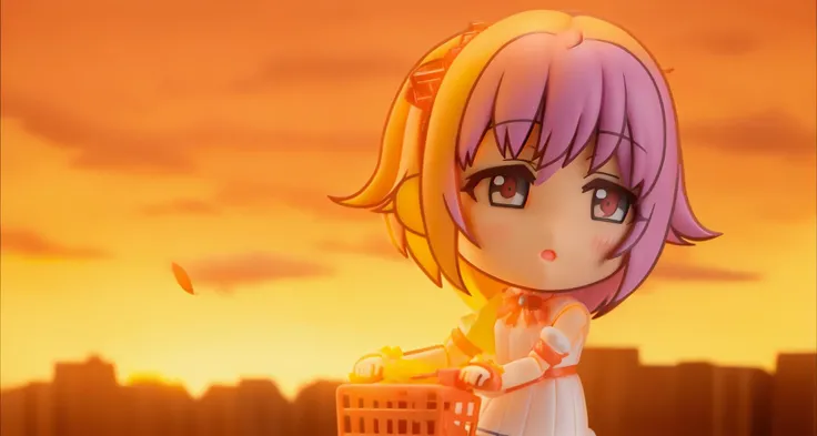 (((nendroid))), (cute chibi girl at sunset), (chibi doll), (Anime Figure), toy full body, (masterpiece:1.2), (good anatomy:1.2), high quality, best quality, (Stylish), (sunset)
