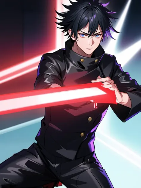 masterpiece, best quality, ultra-detailed, texture, detail eyes,8k, 1boy, Megumi a man in a black coat and black pants, black default_outfit , blood on his body, blood on chest, blood on face , blue eyes, doing a fighting stance, white wolf in the background, looking at viewer, detailed eyes, detailed face, (masterpiece:1.4),(best quality:1.4),(shiny skin),realistic, bright, neon lights, night, midnight, city, cyberpunk, light , <lora:megumi:0.8>