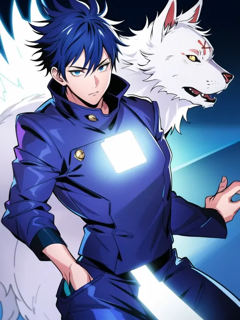 masterpiece, best quality, ultra-detailed, texture, detail eyes,8k, 1boy, Megumi a man in a blue coat and blue pants, default_outfit , doing a fighting stance, white wolf in the background, looking at viewer, detailed eyes, detailed face, (masterpiece:1.4),(best quality:1.4),(shiny skin),realistic, bright, neon lights, night, midnight, city, cyberpunk, light , <lora:megumi:0.8>