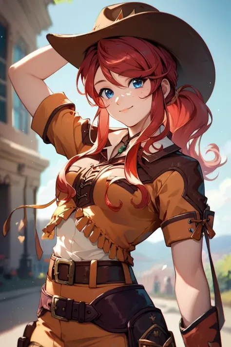 score_9, score_8_up, score_7_up, very aesthetic, source_anime, detailed, high quality, beautiful, masterpiece, detailed eyes,
cityscape, blurry background,
<lora:lightXL:0.8>
cowboy shot, upper body,
adjusting headwear, light smile, mouth closed, 
<lora:gemini_autismConfetti_v01:0.9>gemini sunrise, red hair, ponytail, blue eyes, freckles, sidelocks, 
belt, thigh strap, cowboy hat, cowboy boots, fringe trim, gloves, miniskirt,  short sleeves,, zPDXL