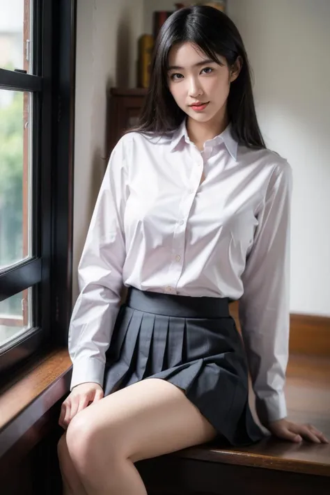 1girl,solo,skirt,shirt,ribbon,white shirt,pleated skirt,looking at viewer,collared shirt,long sleeves,blue skirt,depth of field,
realistic,photo background,looking at viewer,smile,indoors,
looking at viewer,best quality,masterpiece,illustration,an extremely delicate and beautiful,CG,unity,8k wallpaper,Amazing,finely detail,masterpiece,official art,extremely detailed CG unity 8k wallpaper,incredibly absurdres,huge filesize,ultra-detailed,highres,extremely detailed,realistic,,<lora:Coco_20240531003419:0.8>