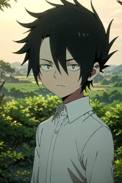 <lora:neverland_ray-000021:0.7>
one *************** named neverland_norman, standing alone in outdoors next to green open plains, he has small olive green colored eyes
draw it in the style of The promised Neverland, black hair
The soft lighting and detailed surroundings create an immersive environment where imagination runs wild hyper-detailed,
hyper-detailed face, high quality visuals, dim Lighting, sharply focused, octane render, 8k UHD