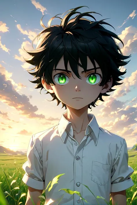 <neverland_ray-sdxl-v10:0.7>
one -yeld boamed neverland_ray, standing alone in outdoors next to green open plains, wearing white collared shirt, he has small green eyes,black hair, white pants, serious face,
draw it in the style of The promised Neverland,
The soft lighting and detailed surroundings create an immersive environment where imagination runs wild hyper-detailed,
hyper-detailed face, high quality visuals, dim Lighting, sharply focused, octane render, 8k UHD