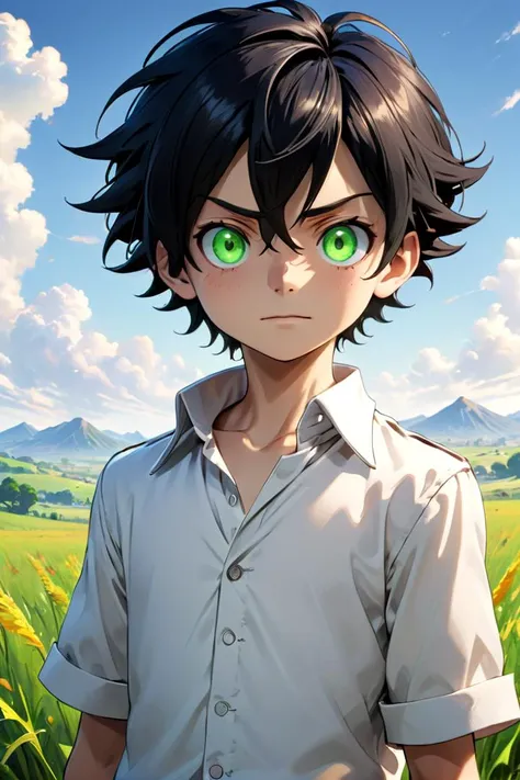<neverland_ray-sdxl-v10:0.7>
one 12-year-old boy named neverland_ray, standing alone in outdoors next to green open plains, wearing white collared shirt, he has small green eyes,black hair, white pants, serious face,
draw it in the style of The promised Neverland,
The soft lighting and detailed surroundings create an immersive environment where imagination runs wild hyper-detailed,
hyper-detailed face, high quality visuals, dim Lighting, sharply focused, octane render, 8k UHD