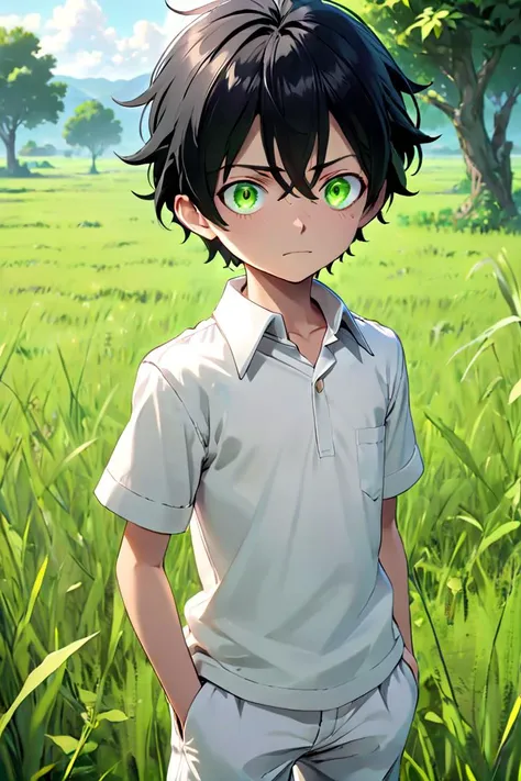 <neverland_ray-sdxl-v10:0.7>
one 12-year-old boy named neverland_ray, standing alone in outdoors next to green open plains, wearing white collared shirt,  he has small olive green colored eyes,black hair, white pants, serious face,
draw it in the style of The promised Neverland,
The soft lighting and detailed surroundings create an immersive environment where imagination runs wild hyper-detailed,
hyper-detailed face, high quality visuals, dim Lighting, sharply focused, octane render, 8k UHD