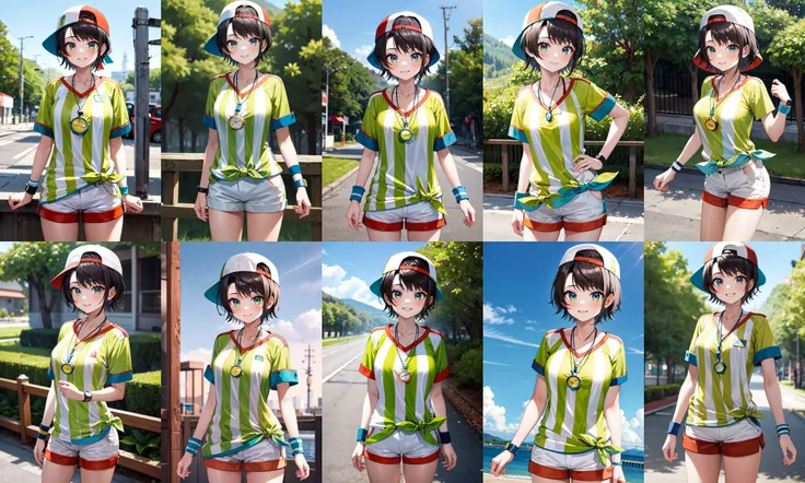 masterpiece, best quality, highres, aasubaru, short hair, cap, backwards hat, breast, collarbone, watch, whistle around neck, vertical-striped shirt, tied shirt, short sleeves, wristband, white shorts, <lora:oozora_subaru_v1:0.8>, standing, cowboy shot, smile, outdoors