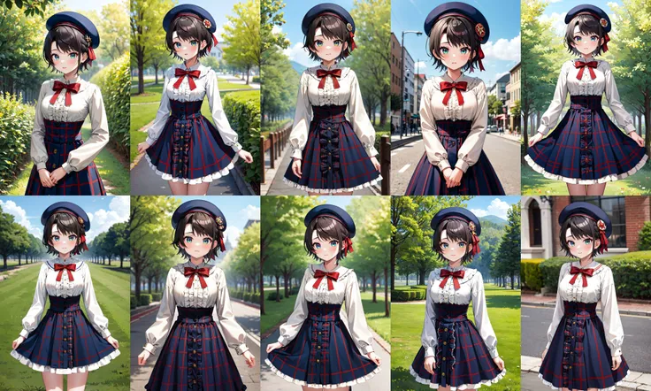 masterpiece, best quality, highres, ffsubaru, short hair, hair ribbon, blue headwear, red bowtie, center frills, frilled shirt, white shirt, long sleeves, high-waist skirt, blue skirt, plaid skirt, <lora:oozora_subaru_v1:0.8>, standing, cowboy shot, outdoors
