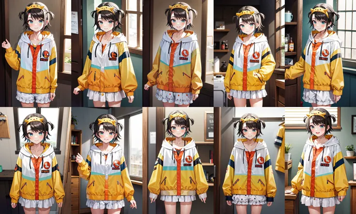 masterpiece, best quality, highres, iisubaru, short hair, two side up, hood down, yellow hairband, collarbone, hoodie, hooded jacket, multicolored jacket, long sleeves, polka dot, white bloomers, <lora:oozora_subaru_v1:0.8>, room, indoors, smile, standing, cowboy shot,