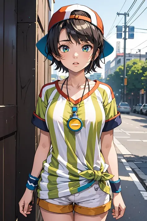 (masterpiece, best quality), 1girl,   <lora:oozora_subaru_v1:0.8> aasubaru, short hair, cap, backwards hat, breast, collarbone, watch, whistle around neck, vertical-striped shirt, tied shirt, short sleeves, wristband, white shorts,