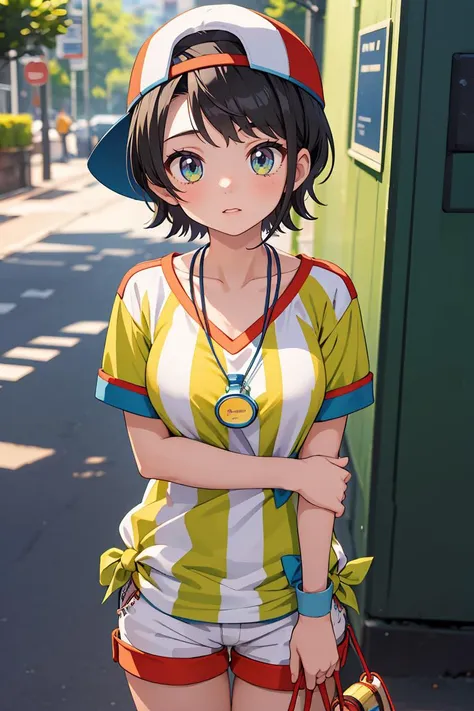 (masterpiece, best quality), 1girl,   <lora:oozora_subaru_v1:0.8> aasubaru, short hair, cap, backwards hat, breast, collarbone, watch, whistle around neck, vertical-striped shirt, tied shirt, short sleeves, wristband, white shorts,