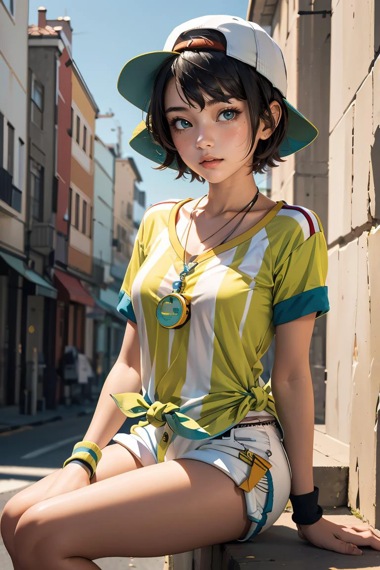 (masterpiece, best quality), 1girl, <lora:oozora_subaru_v1:0.8> aasubaru, short hair, cap, backwards hat, breast, collarbone, watch, whistle around neck, vertical-striped shirt, tied shirt, short sleeves, wristband, white shorts,