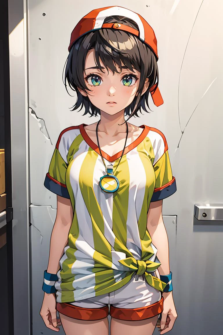 (masterpiece, best quality), 1girl, <lora:oozora_subaru_v1:0.8> aasubaru, short hair, cap, backwards hat, breast, collarbone, watch, whistle around neck, vertical-striped shirt, tied shirt, short sleeves, wristband, white shorts,