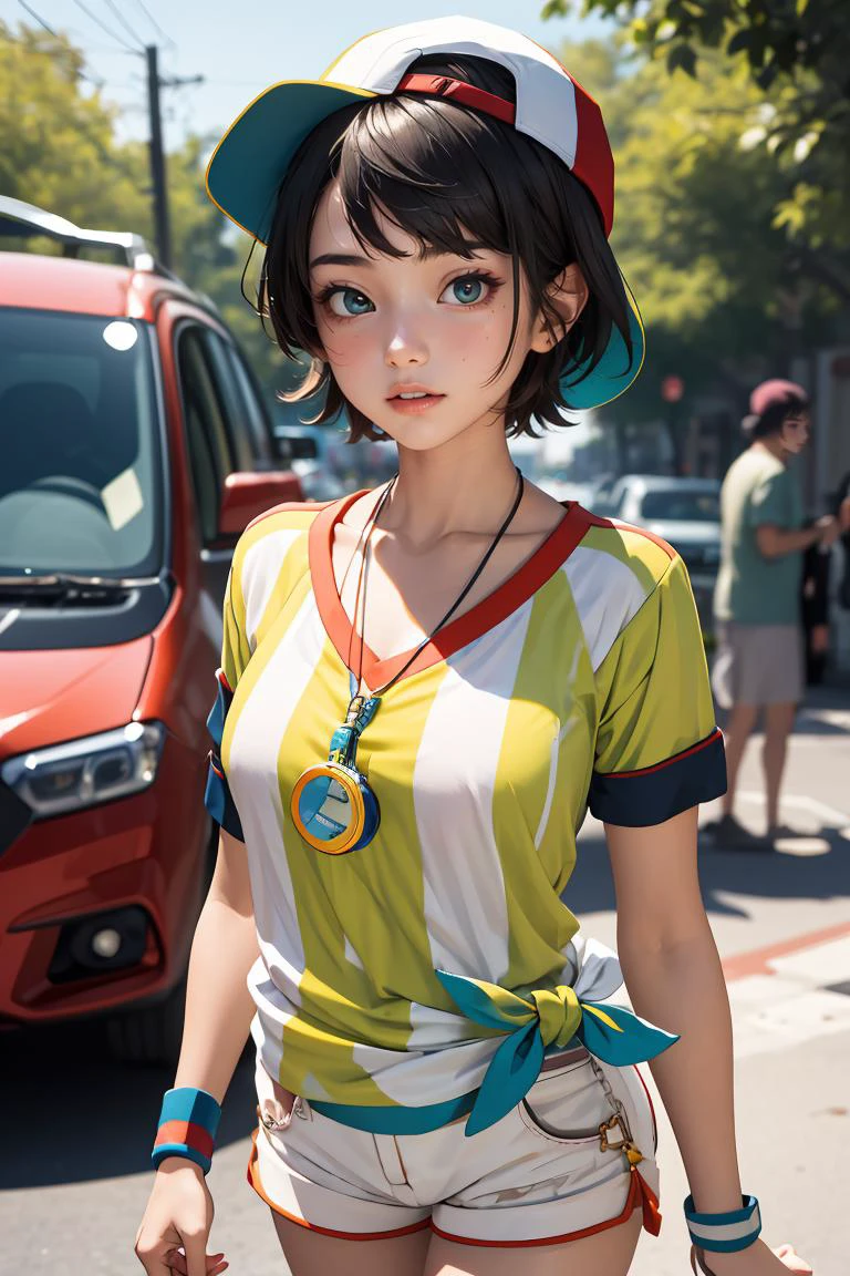(masterpiece, best quality), 1girl, <lora:oozora_subaru_v1:0.8> aasubaru, short hair, cap, backwards hat, breast, collarbone, watch, whistle around neck, vertical-striped shirt, tied shirt, short sleeves, wristband, white shorts,