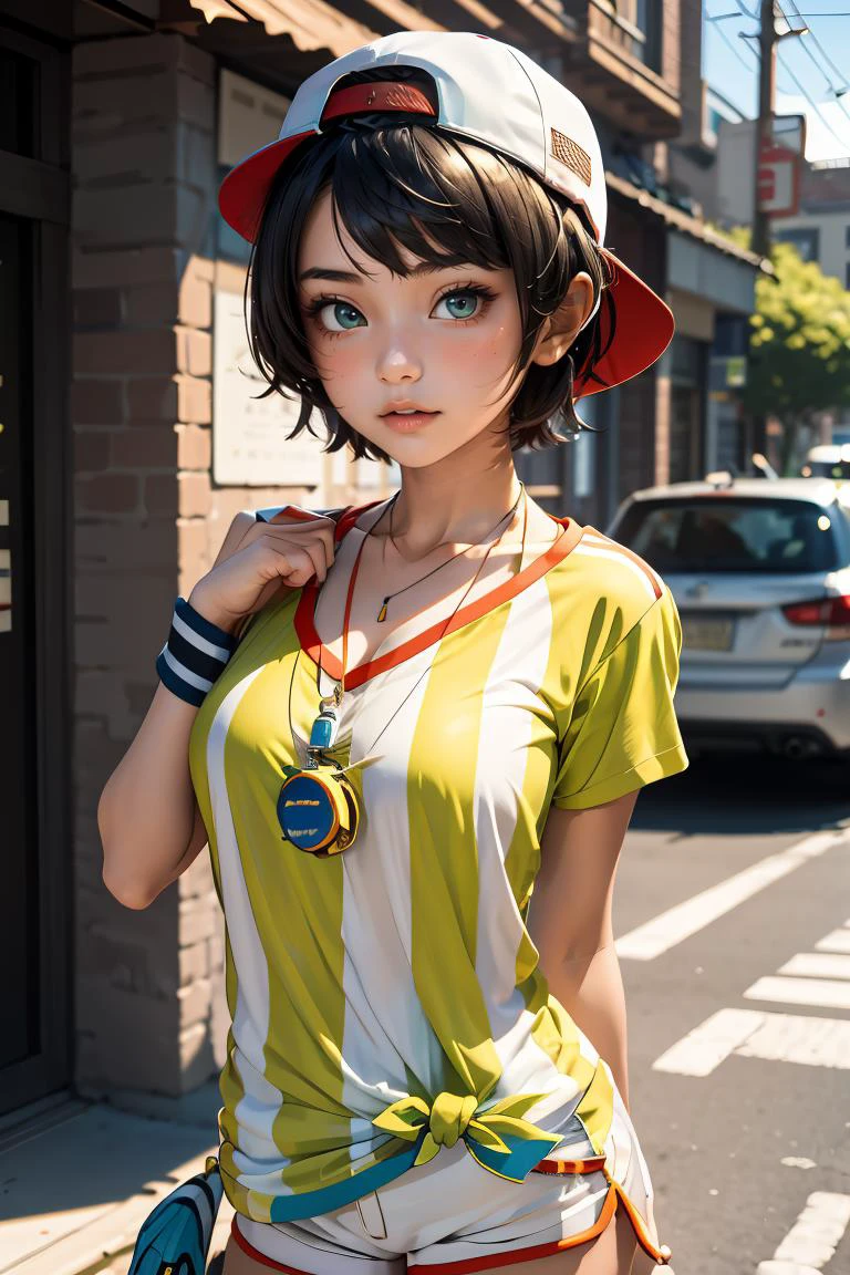 (masterpiece, best quality), 1girl, <lora:oozora_subaru_v1:0.8> aasubaru, short hair, cap, backwards hat, breast, collarbone, watch, whistle around neck, vertical-striped shirt, tied shirt, short sleeves, wristband, white shorts,
