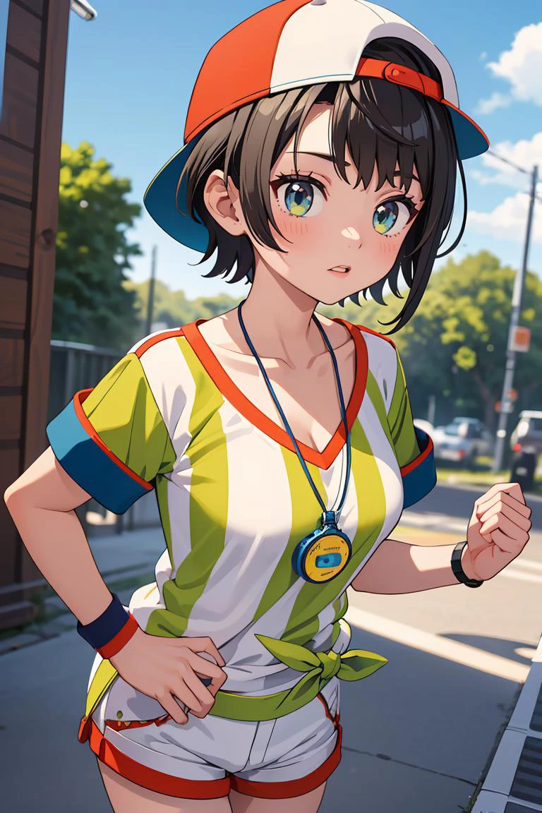 (masterpiece, best quality), 1girl, <lora:oozora_subaru_v1:0.8> aasubaru, short hair, cap, backwards hat, breast, collarbone, watch, whistle around neck, vertical-striped shirt, tied shirt, short sleeves, wristband, white shorts,