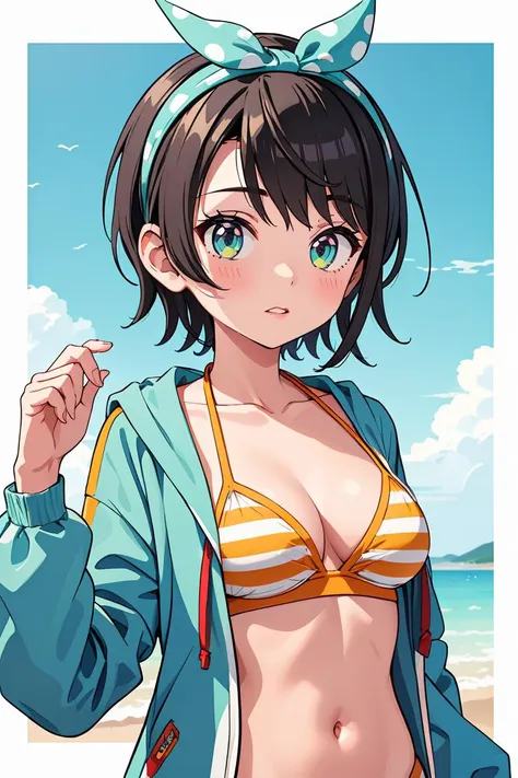 (masterpiece, best quality), 1girl,   <lora:oozora_subaru_v1:0.8> ggsubaru, short hair, bow hairband, polka dot, collarbone, cleavage, striped bikini, aqua jacket, open jacket, long sleeves,