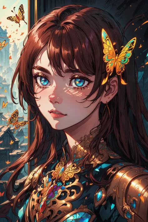 8k portrait of beautiful cyborg with brown hair, intricate, elegant, highly detailed, majestic, digital photography, art by artgerm and ruan jia and greg rutkowski surreal painting gold butterfly filigree, broken glass, (masterpiece, sidelighting, finely detailed beautiful eyes: 1.2), hdr, 2d, flat, lineart, <lora:more_details:0.36>