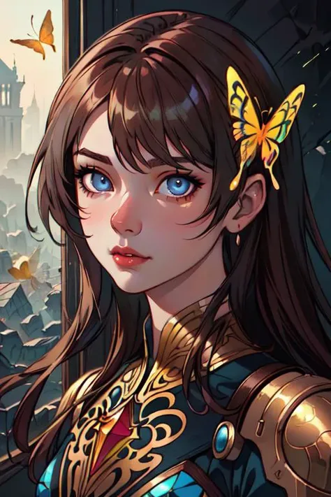 8k portrait of beautiful cyborg with brown hair, intricate, elegant, highly detailed, majestic, digital photography, art by artgerm and ruan jia and greg rutkowski surreal painting gold butterfly filigree, broken glass, (masterpiece, sidelighting, finely detailed beautiful eyes: 1.2), hdr, 2d, flat, lineart, <lora:more_details:0.36>