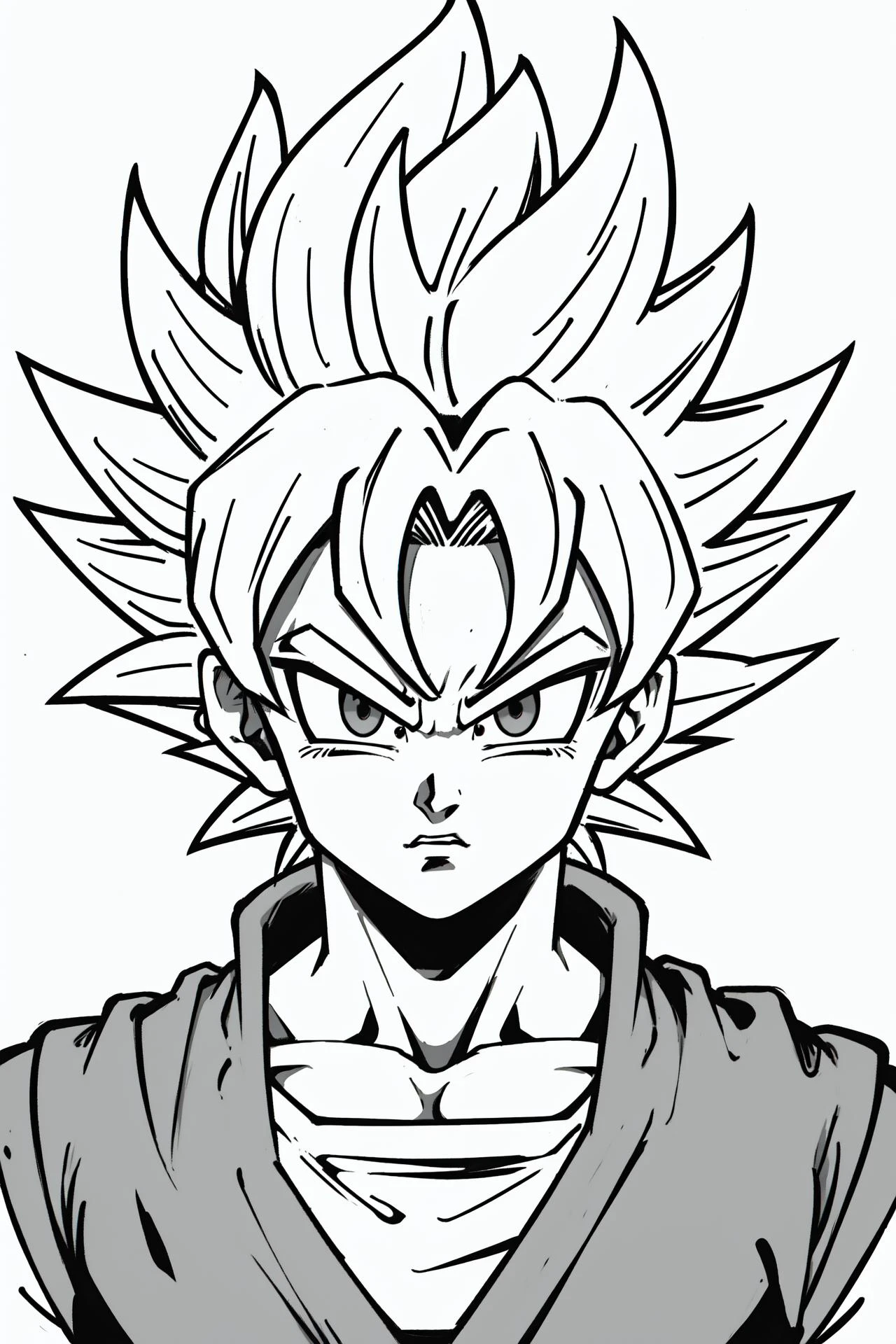 son goku, dragon ball, flat, 2d, super saiyan, detailed eyes, grey eyes, emblem, greyscale, lineart, white background, <lora:son_goku:0.1> <lora:more_details:-0.3>