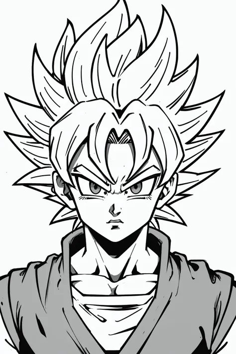 son goku, dragon ball, flat, 2d, super saiyan, detailed eyes, grey eyes, emblem, greyscale, lineart, white background,   <lora:son_goku:0.1>  <lora:more_details:-0.3>