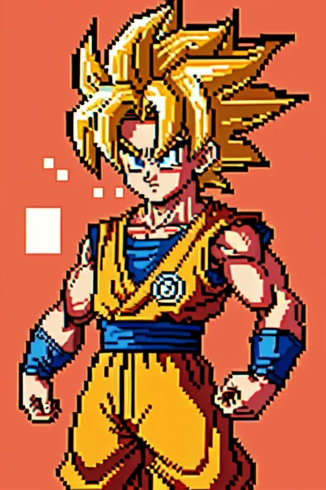 son goku, dragon ball, flat, 2d, super saiyan, detailed eyes, emblem, simple background, (pixel art:1.1), <lora:son_goku:0.1>   <lora:pixel:0.5>