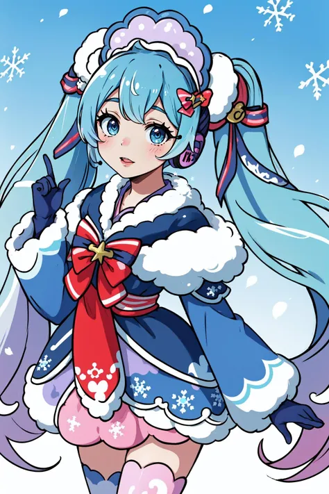 hatsune miku, blue hair, cute, twintails, headphones around neck, thighhighs, <lora:hatsunemiku1:1> yukimiku2023