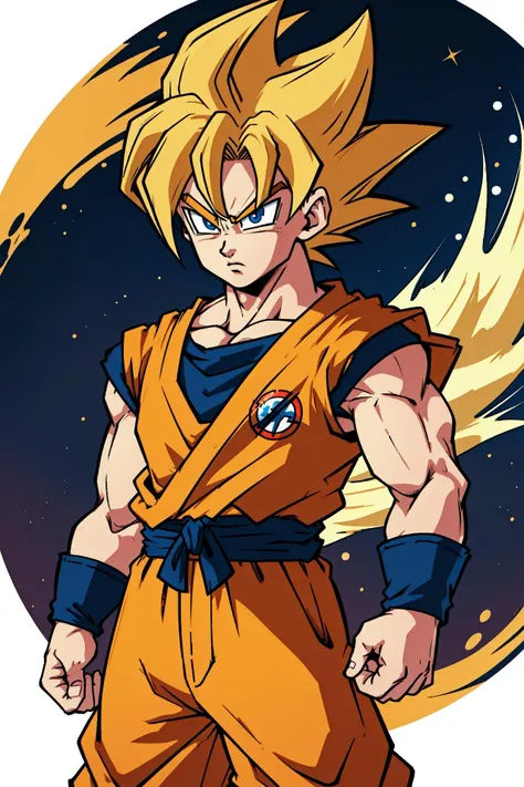 son goku, dragon ball, flat, 2d, super saiyan, detailed eyes, emblem, <lora:son_goku:0.1>  <lora:more_details:-0.3>