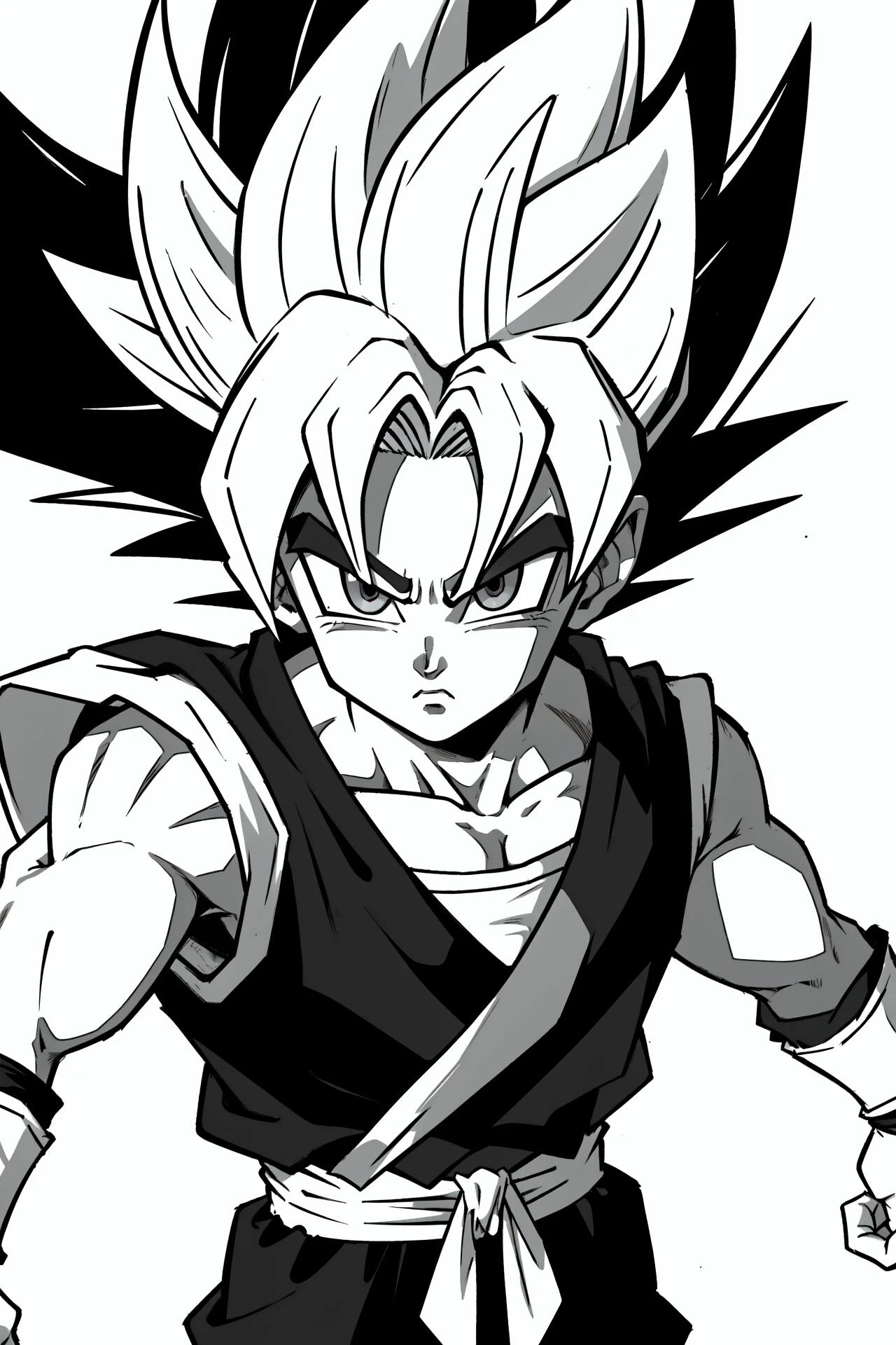 son goku, dragon ball, flat, 2d, super saiyan, detailed eyes, grey eyes, emblem, greyscale, lineart, white background, <lora:son_goku:0.1> <lora:more_details:-0.3>