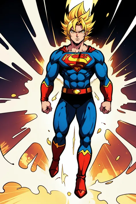 superman, super saiyan, yellow hair, anime style, lineart,