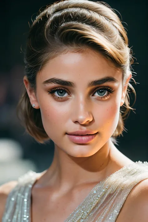 portrait of taylor hill woman, :| , wearing tulle , with natural blonde Shag haircut , background roman city epic (photo, studio lighting, hard light, sony a7, 50 mm, matte skin, pores, colors, hyperdetailed, hyperrealistic)