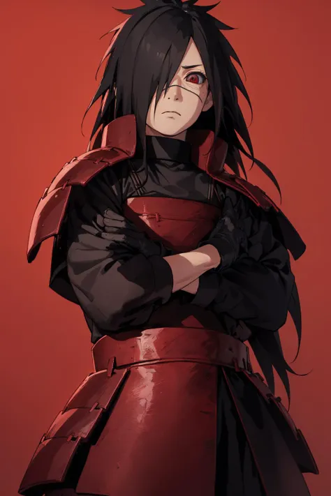 (masterpiece, best quality:1.2), <lora:naruto_uchihamadara:1.0>, red background, cowboy shot, solo, male focus, 1boy, uchiha madara, expressionless, looking at viewer, crossed arms, long hair, hair over one eye, japanese armor, black gloves