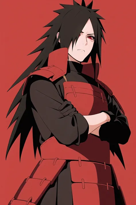 (masterpiece, best quality:1.2),red theme,close up, red background,(sharingan), cowboy shot, solo, male focus, 1boy, uchiha madara, expressionless, looking at viewer, crossed arms, long hair, hair over one eye, japanese armor, black gloves,<lora:naruto_uchihamadara-10:0.7>