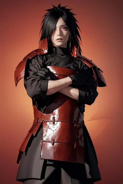 (masterpiece, best quality:1.2), <lora:naruto_uchihamadara:1.0>, red background, cowboy shot, solo, male focus, 1boy, uchiha madara, expressionless, looking at viewer, crossed arms, long hair, hair over one eye, japanese armor, black gloves