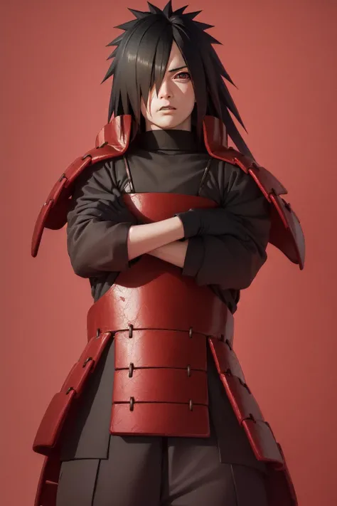 (masterpiece, best quality:1.2), <lyco:naruto_uchihamadara-10:1.0>, red background, cowboy shot, solo, male focus, 1boy, uchiha madara, expressionless, looking at viewer, crossed arms, long hair, hair over one eye, japanese armor, black gloves